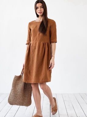 Magic Linen Siracusa Dress 100% Linen 3/4 Sleeve Brown Handmade Lagenlook Small